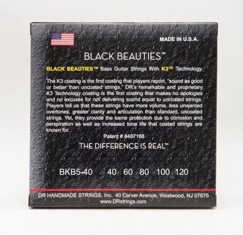 DR Strings BKB5-40 Black Beauties K3 Coated Bass Strings, 5-String Set (Light, 40-120)