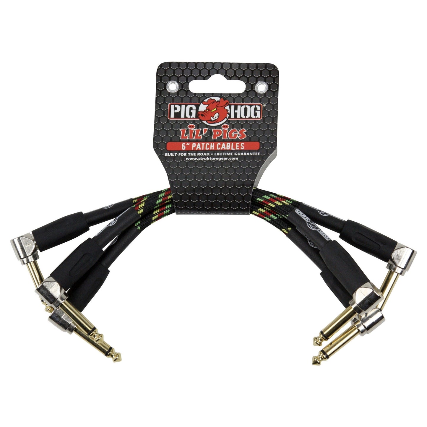 Pig Hog Lil Pigs Vintage Woven 6-Inch Patch Cables, Rasta Stripe, 3-Pack