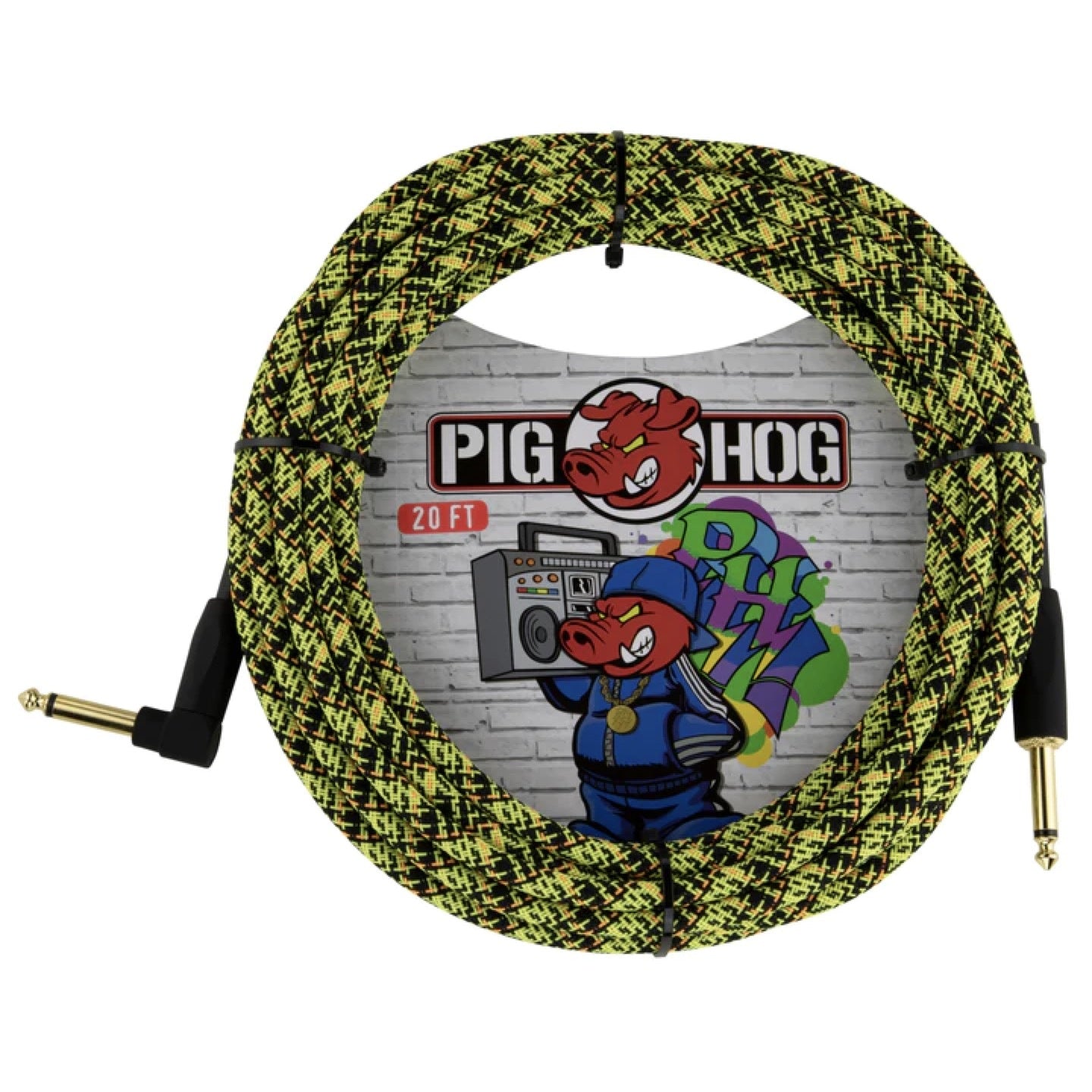 Pig Hog PCH20GYWR Vintage Woven Instrument Cable, 20-ft Right Angle, Yellow Graffiti