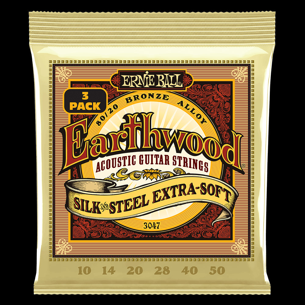 Ernie Ball 3047 Extra Soft Earthwood 80/20 Bronze Silk & Steel Acoustic Guitar Strings 10-50 Gauge - 3 Pack