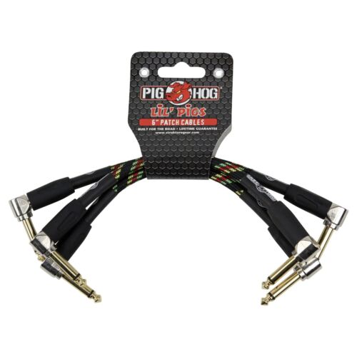 Pig Hog Lil Pigs Vintage Woven 6-Inch Patch Cables, Rasta Stripe, 3-Pack