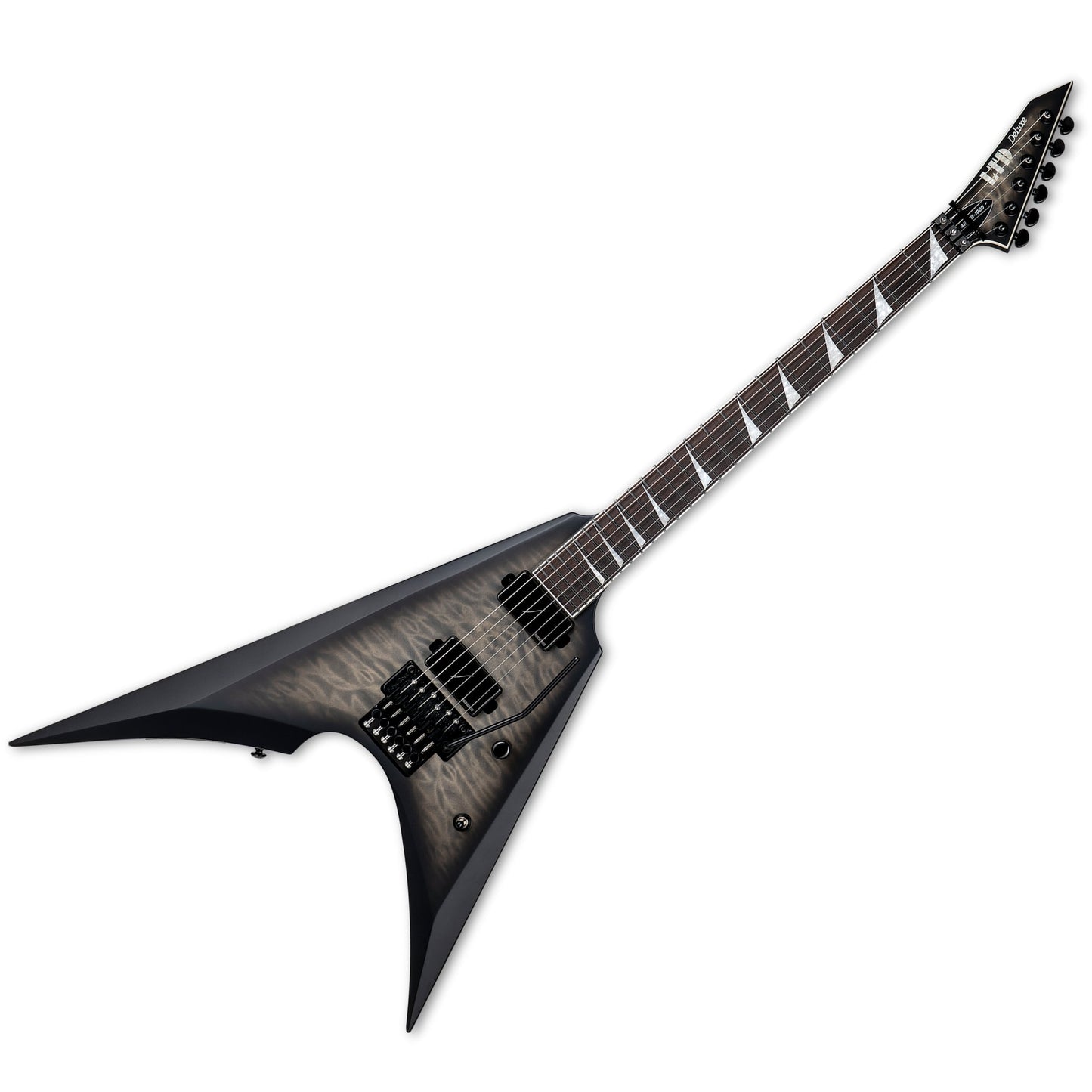 LTD (ESP) Deluxe Arrow-1000, Quilted Maple Charcoal Burst Satin with Form-Fit Hardshell Case