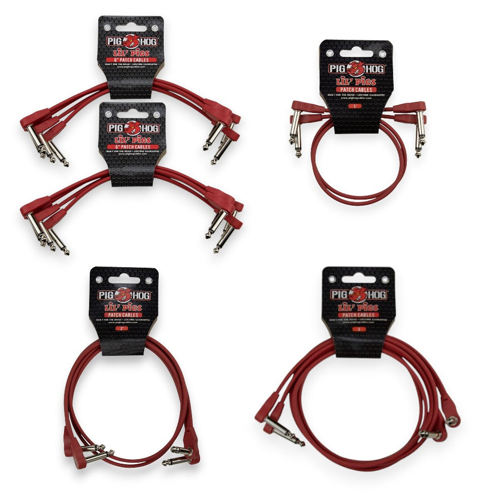 Pig Hog Lil Pigs Low Profile Flat Patch Cables 14-Cable Pedalboard Kit, Candy Apple Red