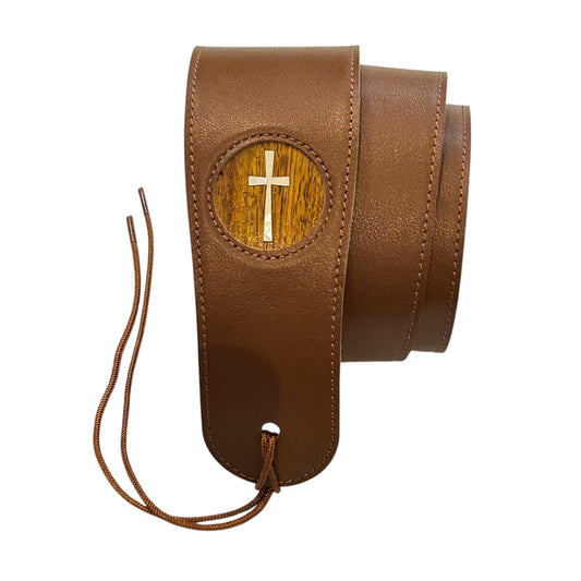 Thalia 2.5" Brown Premium Italian Leather Strap, AAA Hawaiian Koa Disc with Mother of Pearl Cross Inlay (TH-SBRPC-HK)