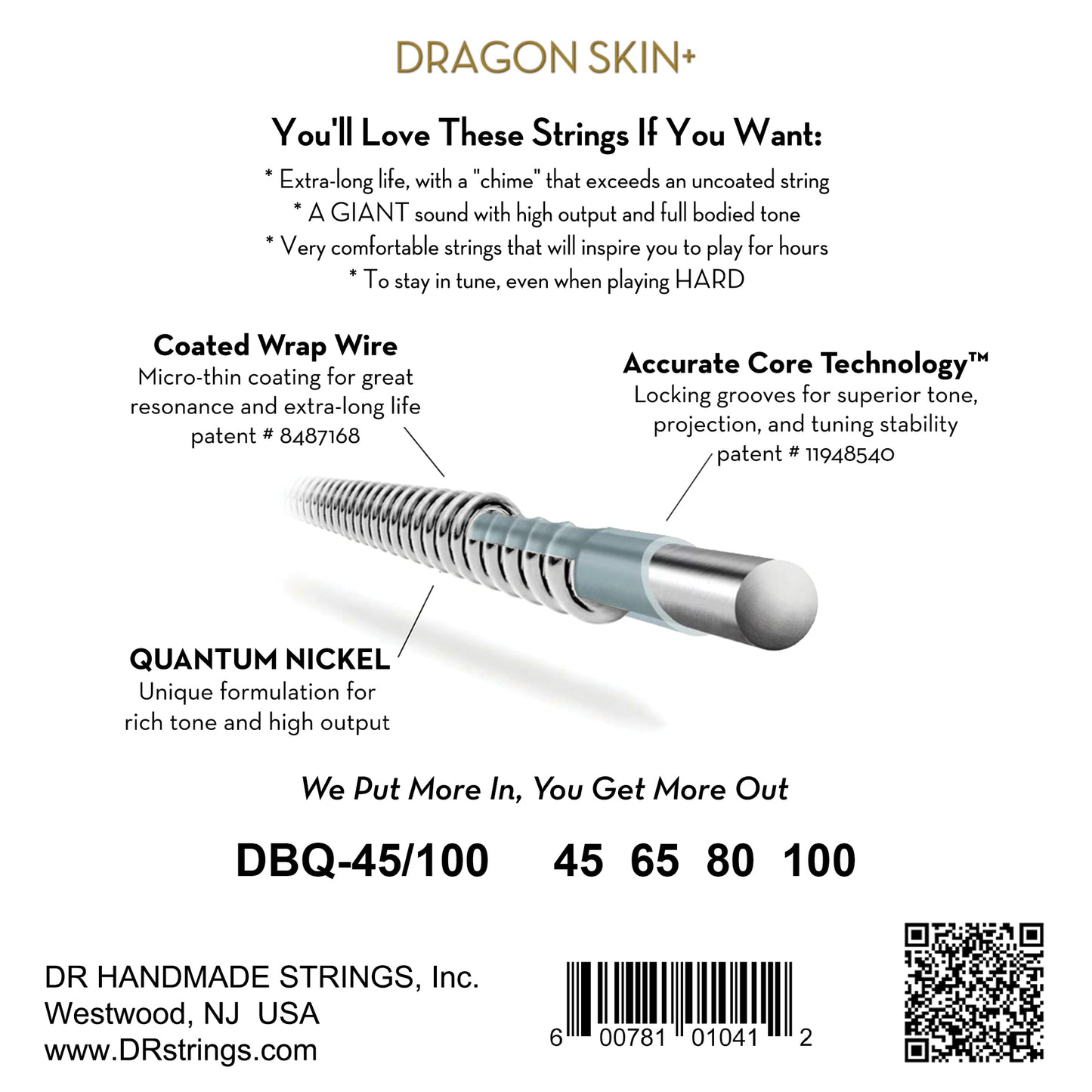 DR Strings DBQ-45/100 Dragon Skin+ Coated Quantum Nickel Bass Strings Light to Medium 45-100