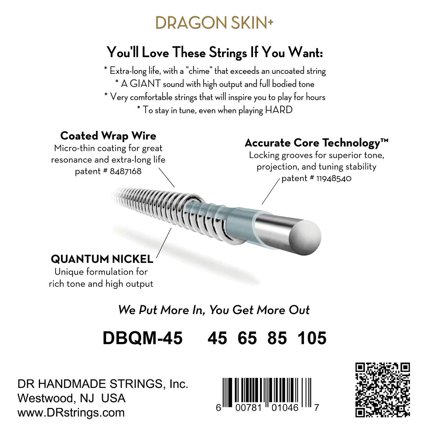 DR Strings DBQM-45 Dragon Skin+ Coated Quantum Nickel Bass Strings Medium Tapered Multi-Scale 45-105