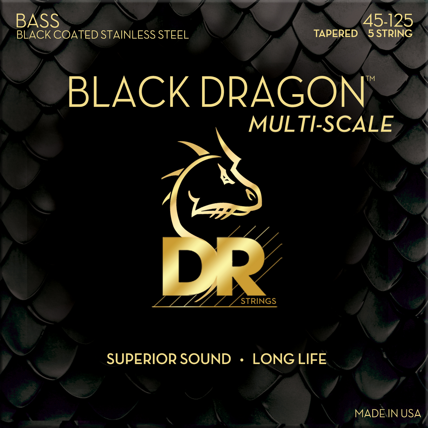 DR Strings DBSMB5-45 Black Dragon Coated Stainless Steel Bass Strings 5-String Set Multi-Scale Medium 45-125, Black