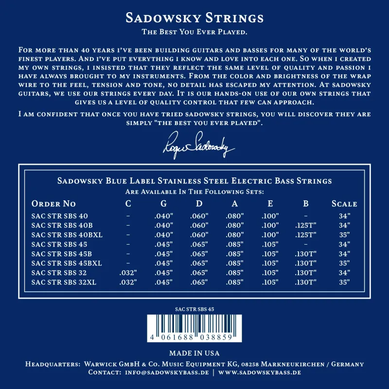 Sadowsky Blue Label Stainless Steel Bass Strings 4-String SAC STR SBS 45 Backup Set 2-Pack