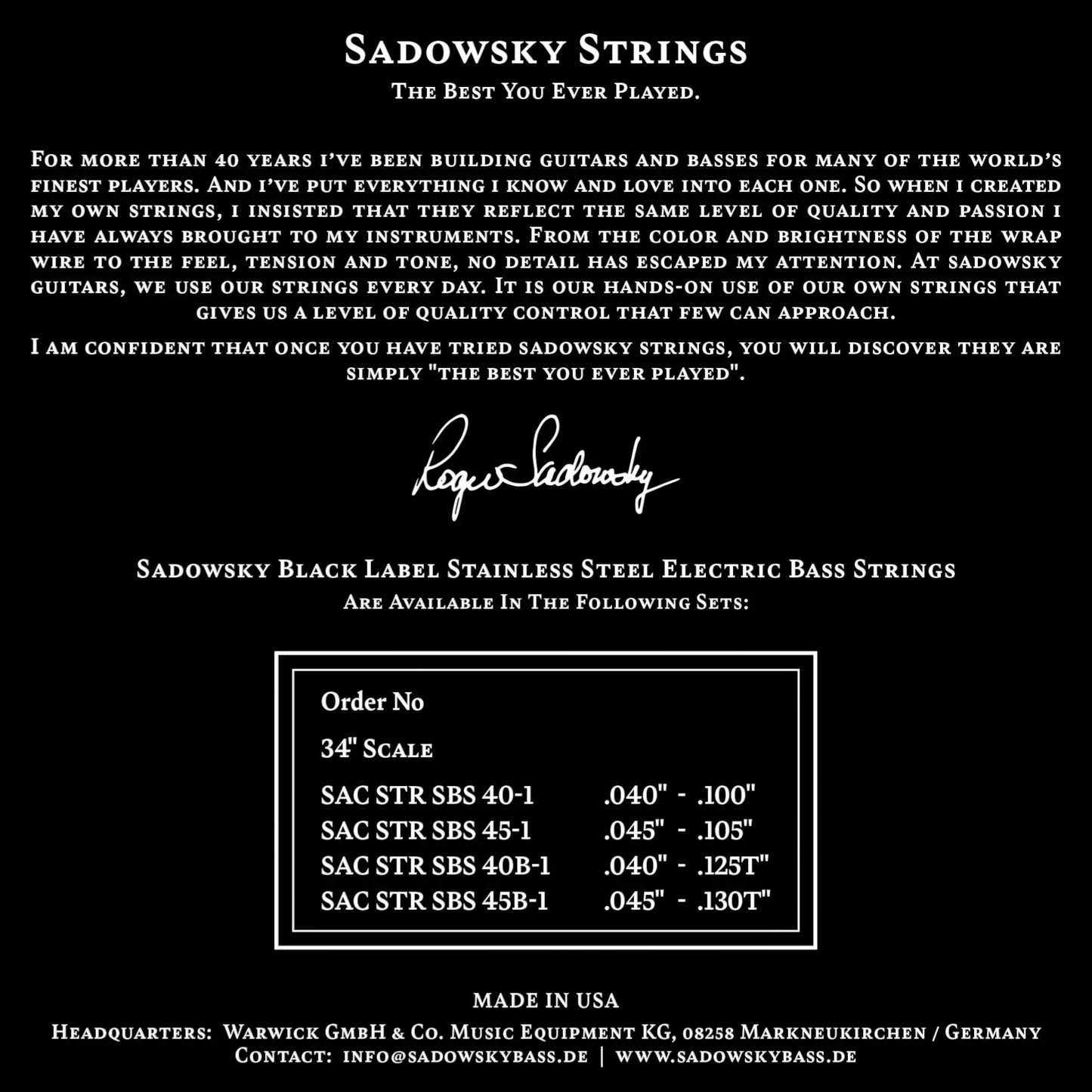 Sadowsky Black Label Stainless Steel Bass Strings 4-String SAC STR SBS 45-1