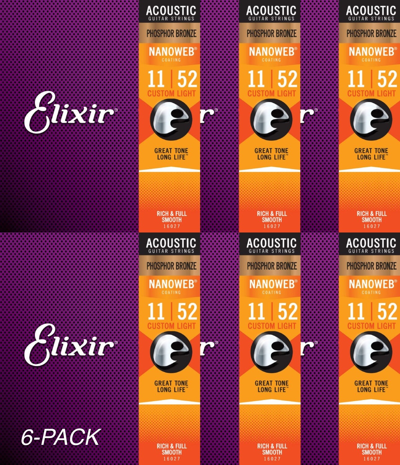 6-Pack of Elixir 16027 Phosphor Bronze Acoustic Guitar Strings with NANOWEB. Custom Light 11-52