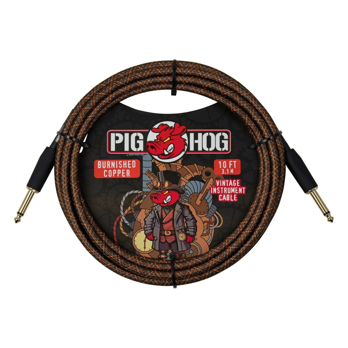 Pig Hog PCH10MBC Vintage Woven Instrument Cable 10FT, Burnished Copper, ST-ST