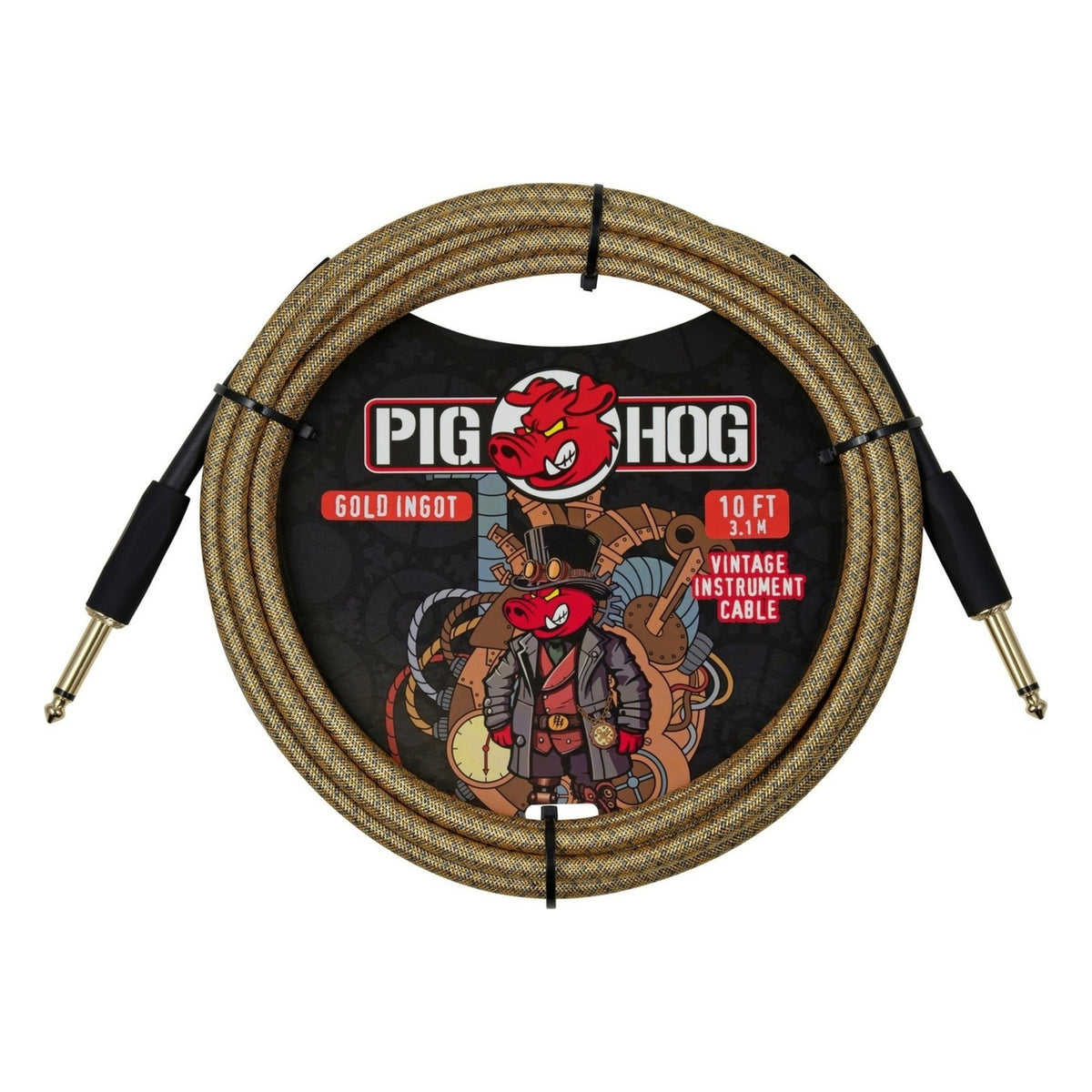 Pig Hog PCH10MGI Vintage Woven Instrument Cable 10FT, Gold Ingot, ST-ST