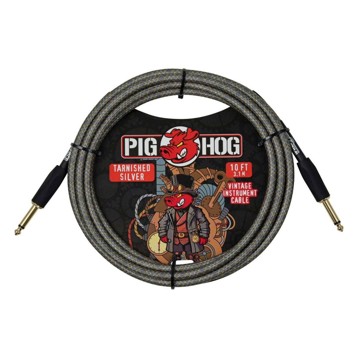 Pig Hog PCH10MTS Vintage Woven Instrument Cable 10FT, Tarnished Silver, ST-ST