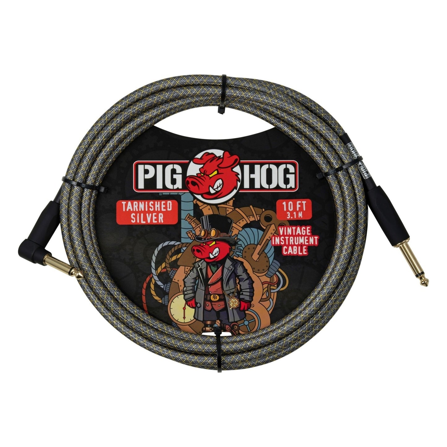Pig Hog PCH10MTSR Vintage Woven Instrument Cable 10FT, Tarnished Silver, ST-RA