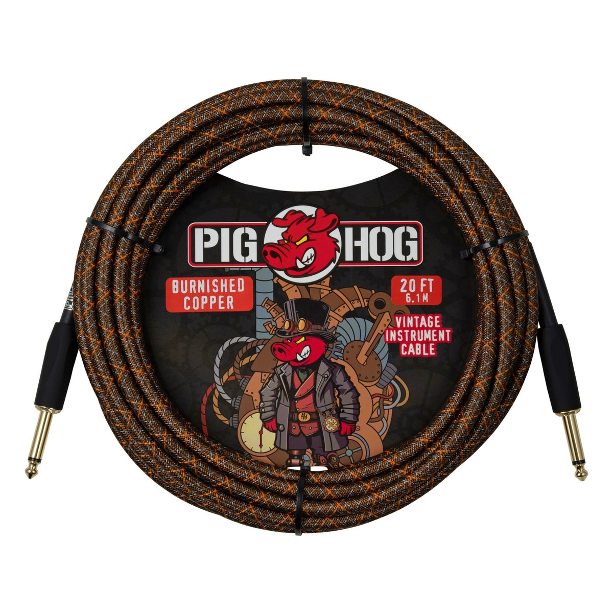 Pig Hog PCH20MBC Vintage Woven Instrument Cable 20FT, Burnished Copper, ST-ST