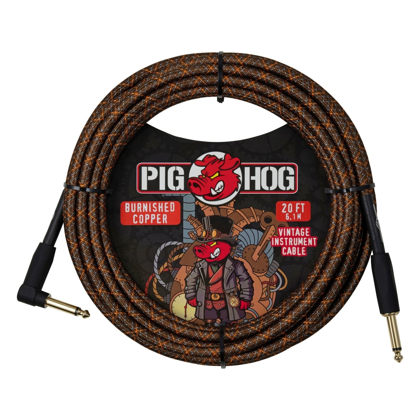 Pig Hog PCH20MBCR Vintage Woven Instrument Cable 20FT, Burnished Copper, ST-RA