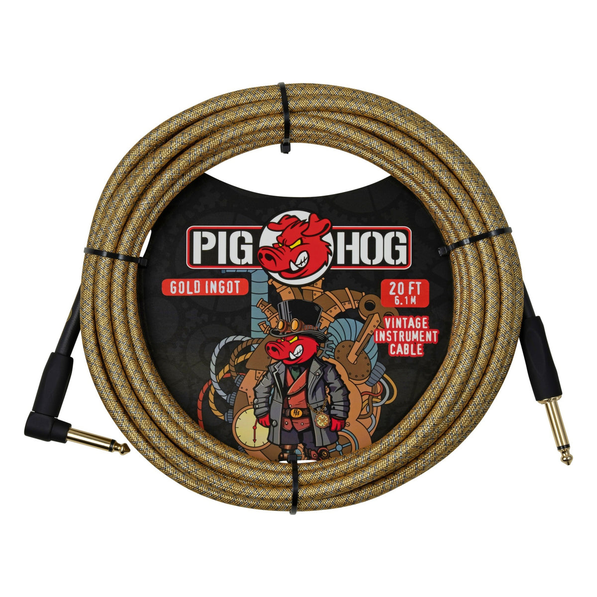 Pig Hog PCH20MGIR Vintage Woven Instrument Cable 20FT, Gold Ingot, ST-RA