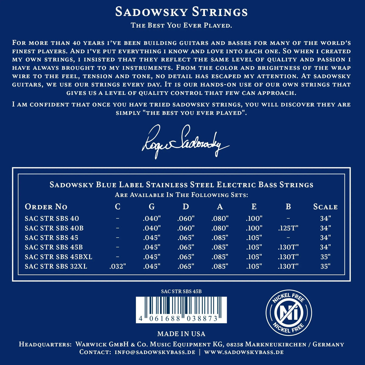 Sadowsky SAC STR SBS 45B Blue Label Electric Bass Strings, 5-String Set, Stainless Steel, .045"/.130T, 34" Long Scale