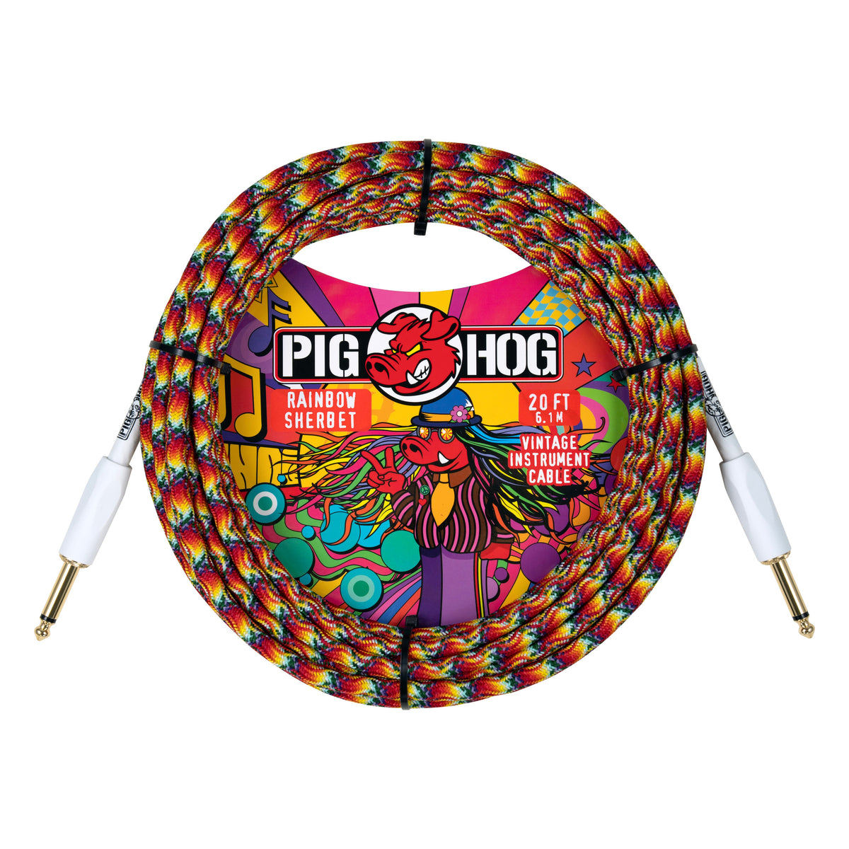 Pig Hog PCH20TRS Vintage Woven Instrument Cable 20FT, Rainbow Sherbert, ST-ST