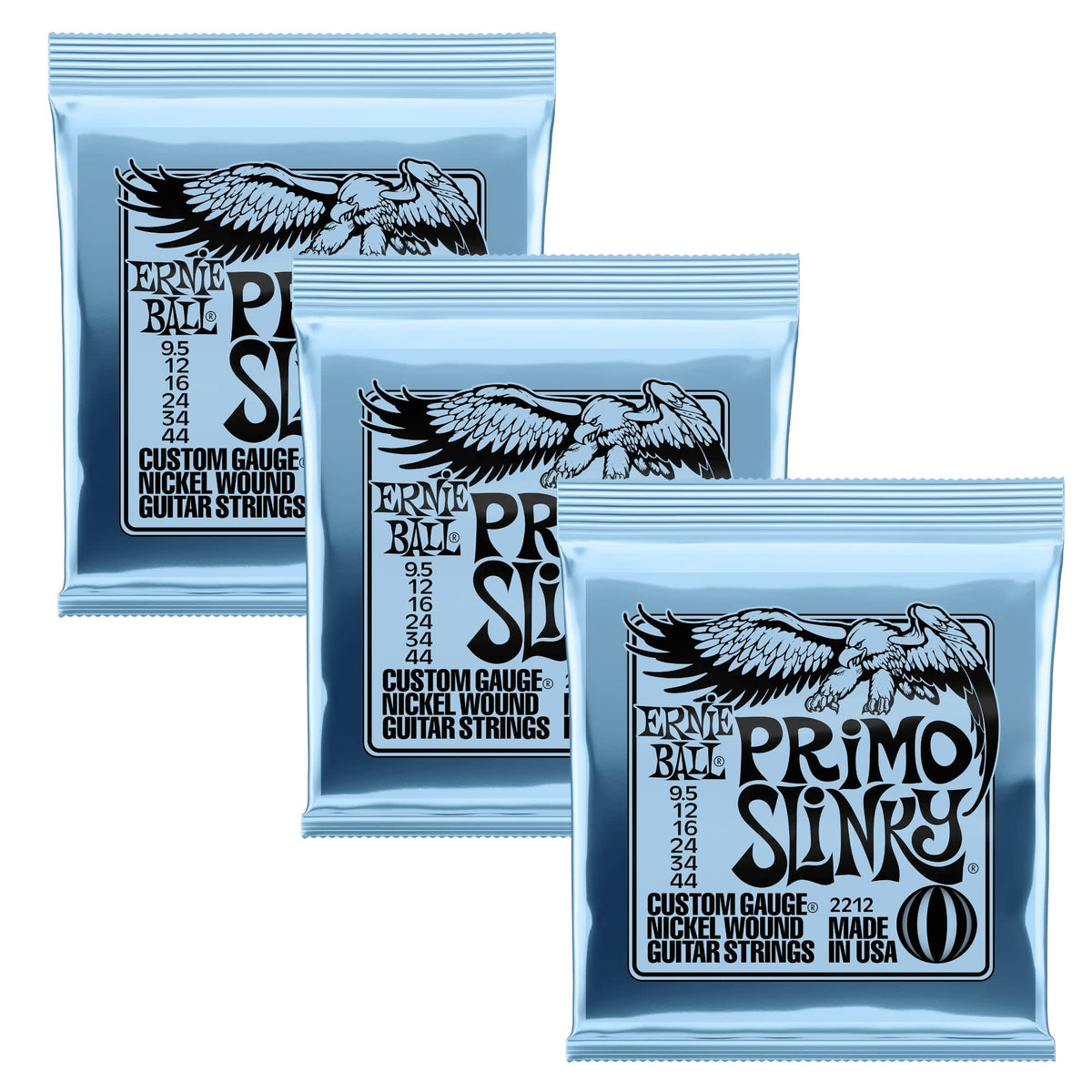 Ernie Ball 2212 Primo Slinky Nickel Wound Electric Guitar Strings 9.5-44, 3-Pack