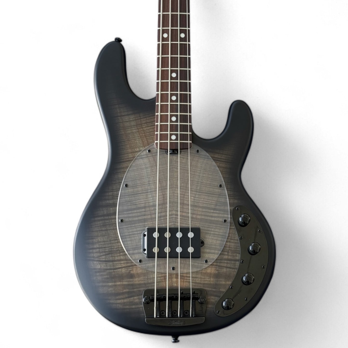 Sterling by Music Man StingRay Ray34, 4-String Bass, Trans Black Satin, Flame Maple, UNIQUE non-production sample (MINT)