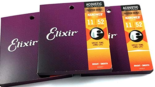 3-Pack of Elixir 16027 Phosphor Bronze Acoustic Guitar Strings with NANOWEB. Custom Light 11-52