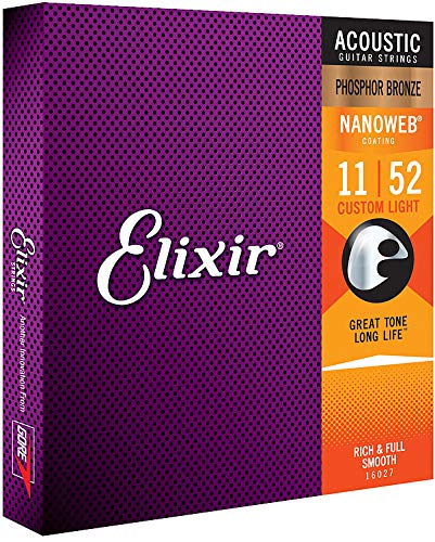 3-Pack of Elixir 16027 Phosphor Bronze Acoustic Guitar Strings with NANOWEB. Custom Light 11-52