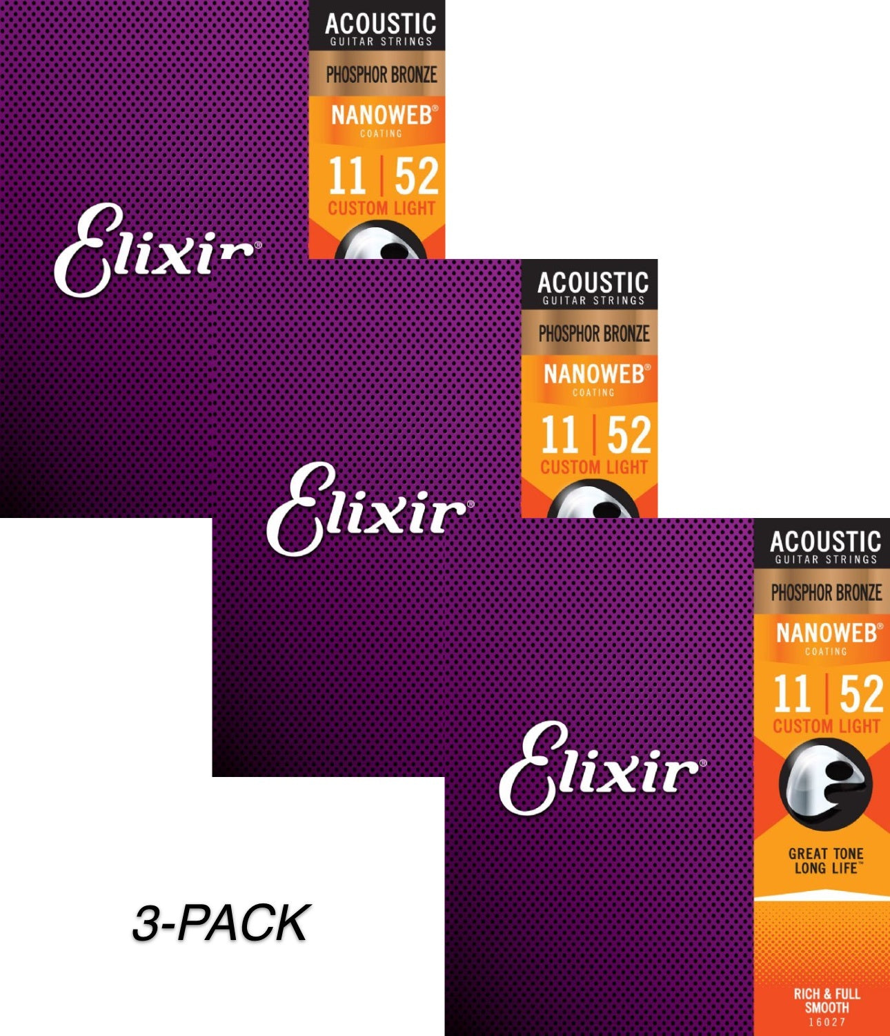 3-Pack of Elixir 16027 Phosphor Bronze Acoustic Guitar Strings with NANOWEB. Custom Light 11-52