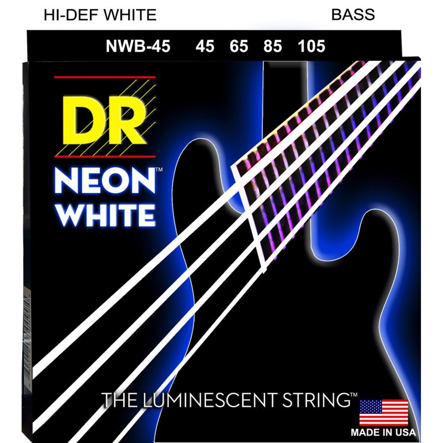 DR Strings NWB-45 Neon Hi-Def White Bass Strings, 45-105 Medium 4-String