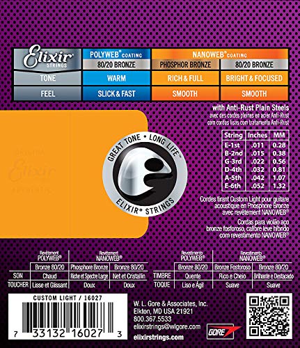 3-Pack of Elixir 16027 Phosphor Bronze Acoustic Guitar Strings with NANOWEB. Custom Light 11-52