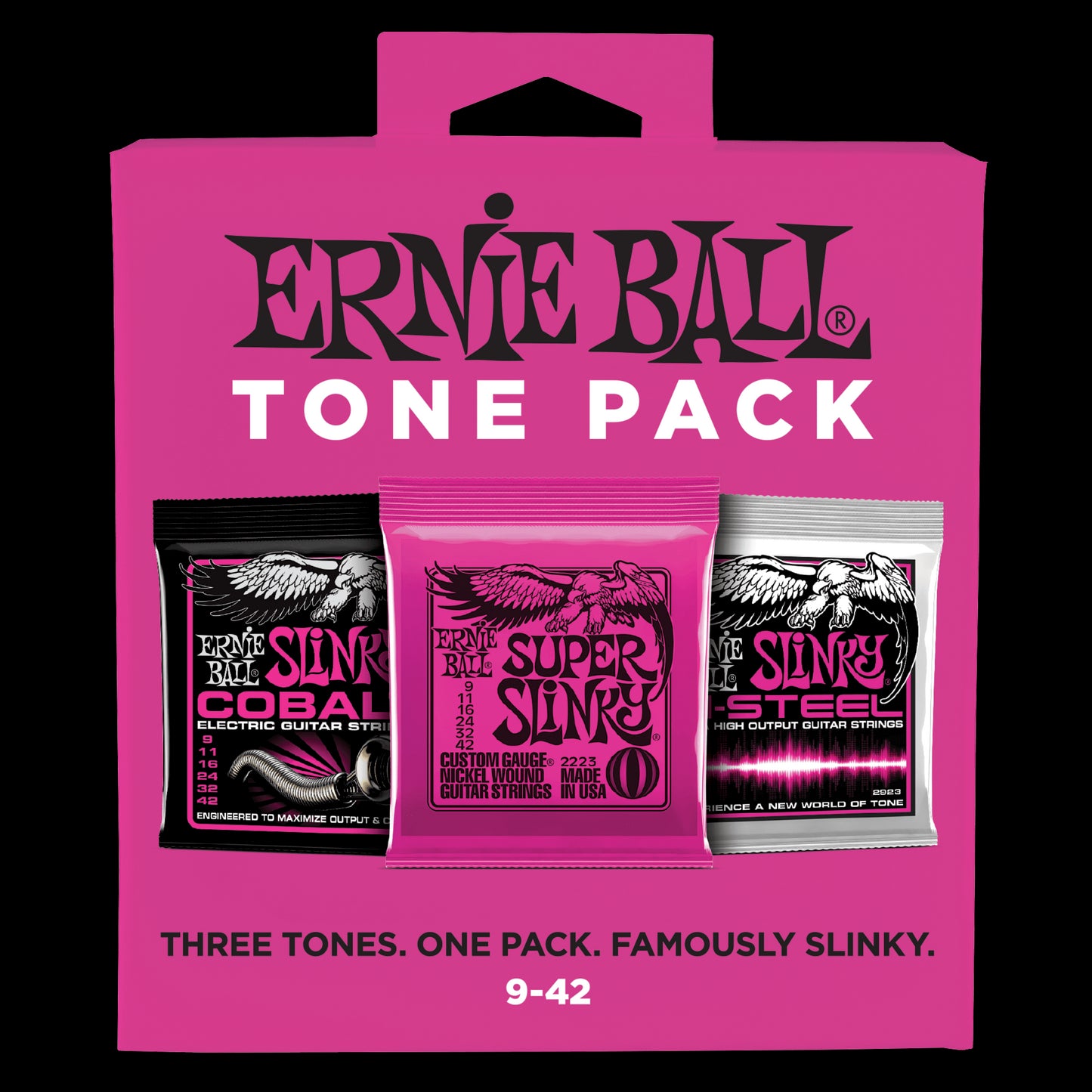 Ernie Ball Super Slinky Electric Tone Pack 9-42 Gauge (three different sets of strings--Original, Cobalt, M-Steel)