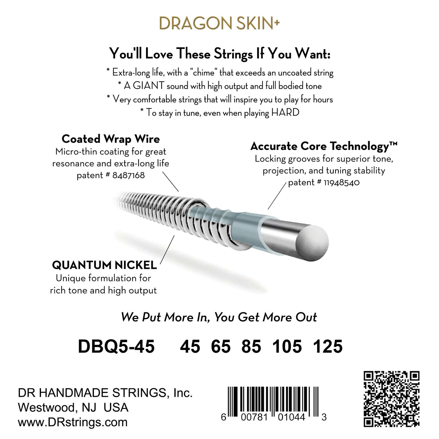 DR Strings DBQ5-45 DRAGON SKIN+ Coated Quantum Nickel Bass Strings 5 String Medium 45-125