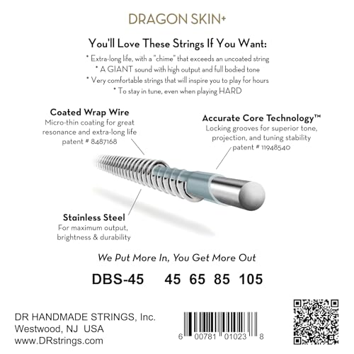 DR Strings DBS-45 DRAGON SKIN+ Coated Stainless Steel Bass Strings Medium 45-105