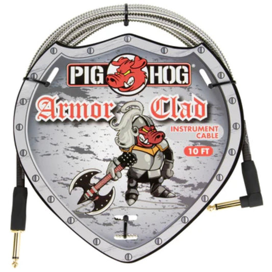 Pig Hog "Armor Clad" Instrument Cable, 10 Feet, 1/4"-1/4" Right Angle, Industrial Look (PHAC-10R)