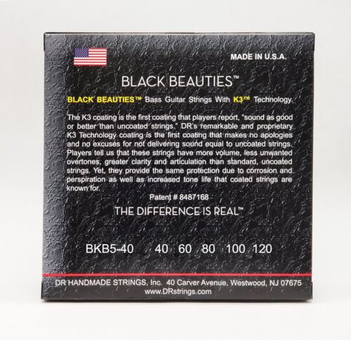 DR Strings Black Beauties K3 Coated Bass Strings, 5-String Set (Light, 40-120), BKB5-40