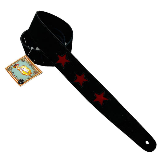 Henry Heller 2" Guitar Strap, Black Suede with Three Red Suede Star Cutouts, Black Suede Backing