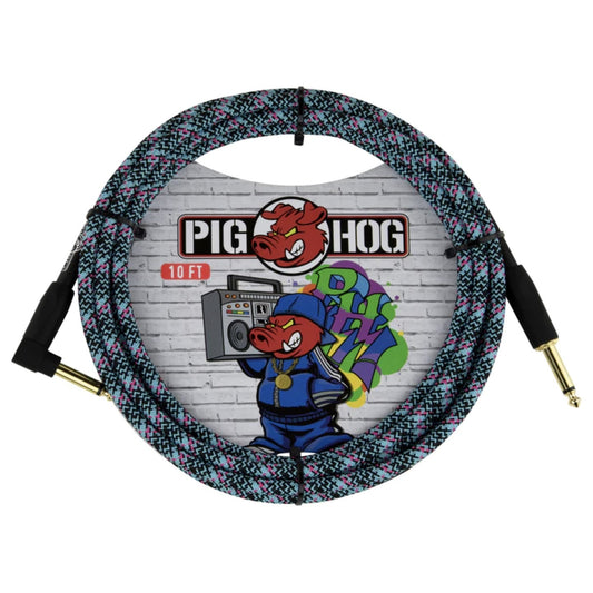 Pig Hog PCH10GBLR Vintage Woven Instrument Cable, 10-ft Right Angle, Blue Graffiti