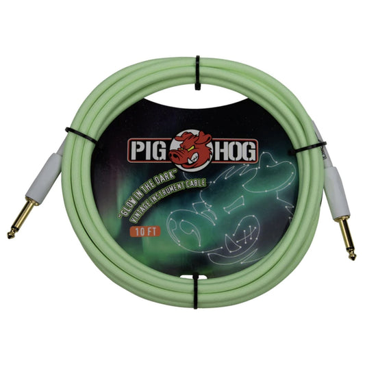 Pig Hog PCH10GLO Glow-in-the-Dark Vintage Woven Instrument Cable, 10 ft, Straight 1/4" Plugs