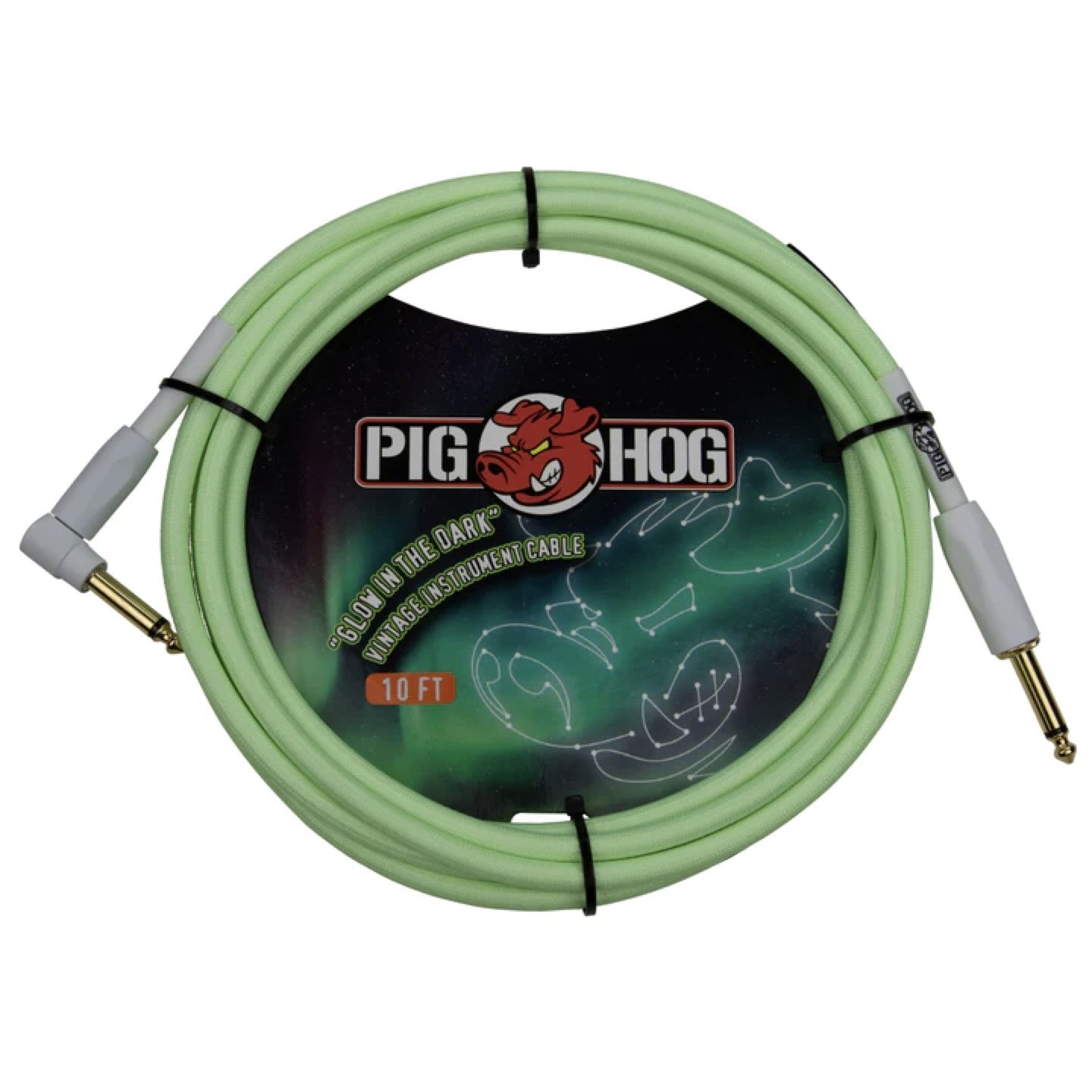 Pig Hog PCH10GLOR Glow-in-the-Dark Vintage Woven Instrument Cable, 10-foot, Straight-to-Angle, 1/4" Plugs