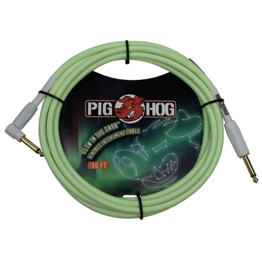 Pig Hog PCH10GLOR Glow-in-the-Dark Vintage Woven Instrument Cable, 10-foot, Straight-to-Angle, 1/4" Plugs