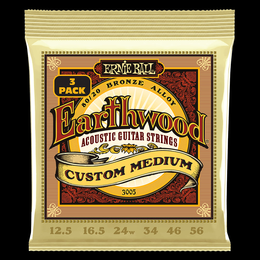 Ernie Ball 3005 Custom Medium Earthwood 80/20 Bronze Acoustic Guitar Strings 12.5-56 Gauge - 3 Pack
