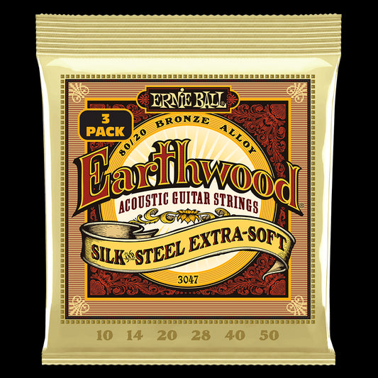 Ernie Ball 3047 Extra Soft Earthwood 80/20 Bronze Silk & Steel Acoustic Guitar Strings 10-50 Gauge - 3 Pack