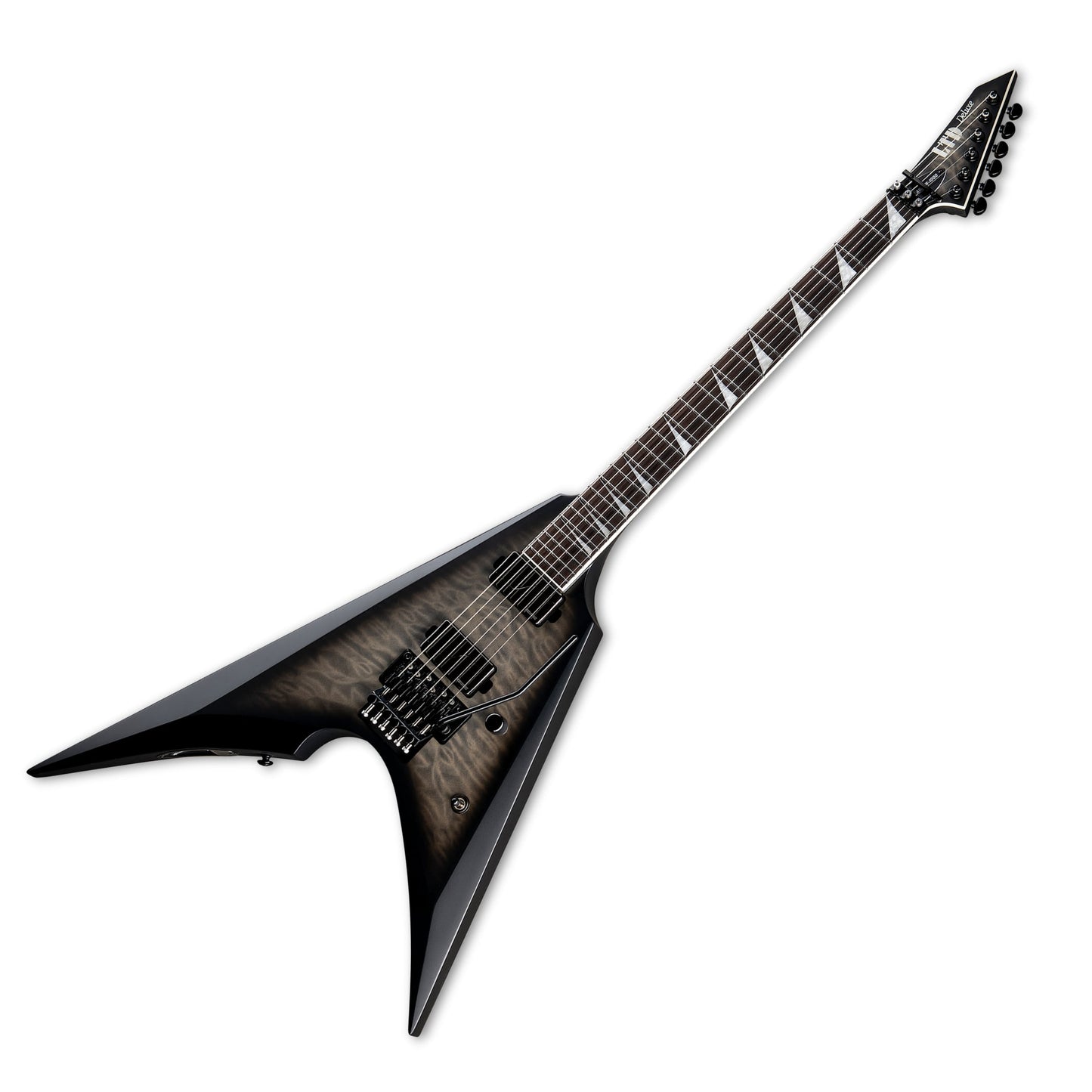 LTD (ESP) Deluxe Arrow-1000, Quilted Maple Charcoal Burst Satin with Form-Fit Hardshell Case