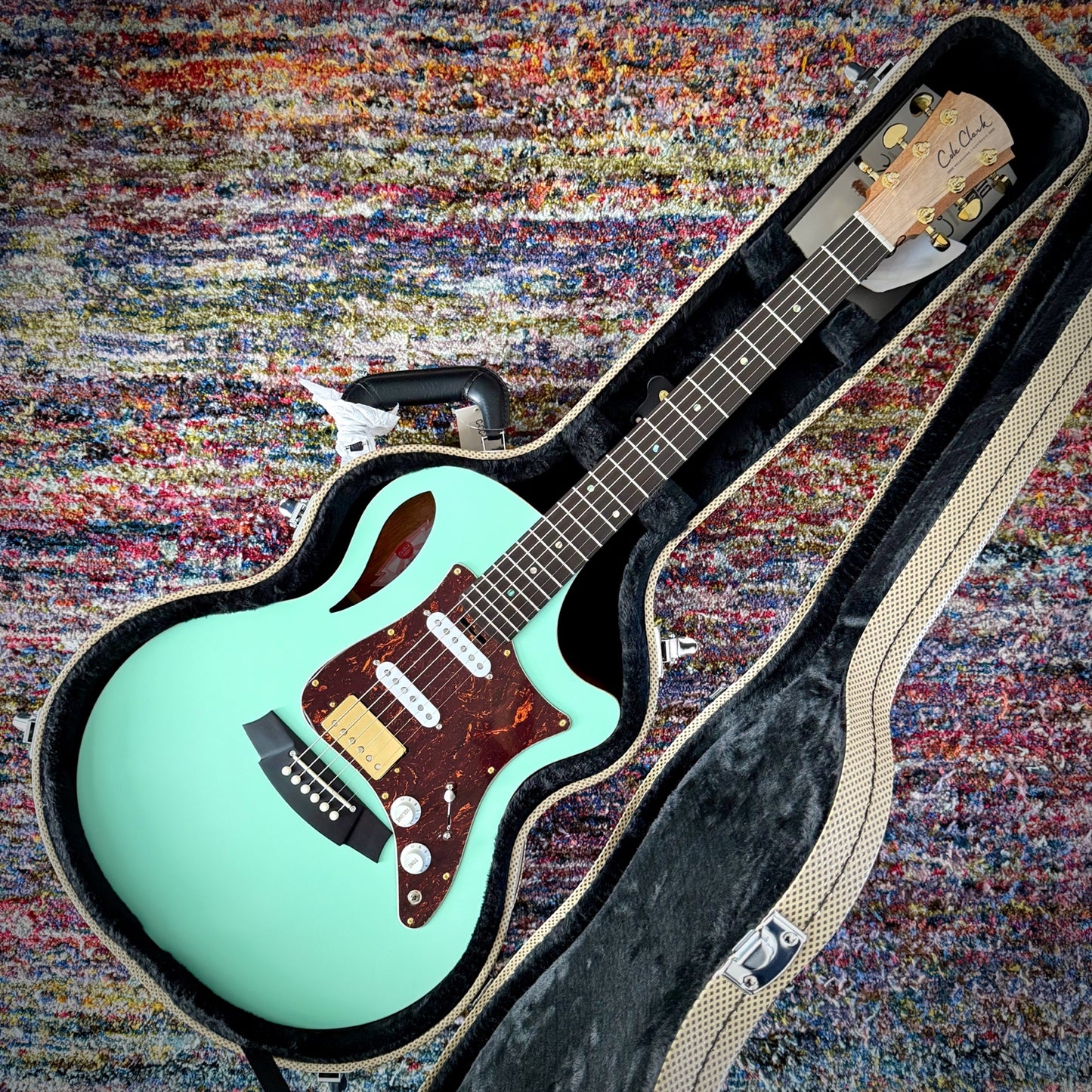 Cole Clark True Hybrid Thinline Acoustic/Electric Guitar, HSS, Blackwood/Ebony, Surf Green (CCTL2EC-BLBLE-HSS-GRN)