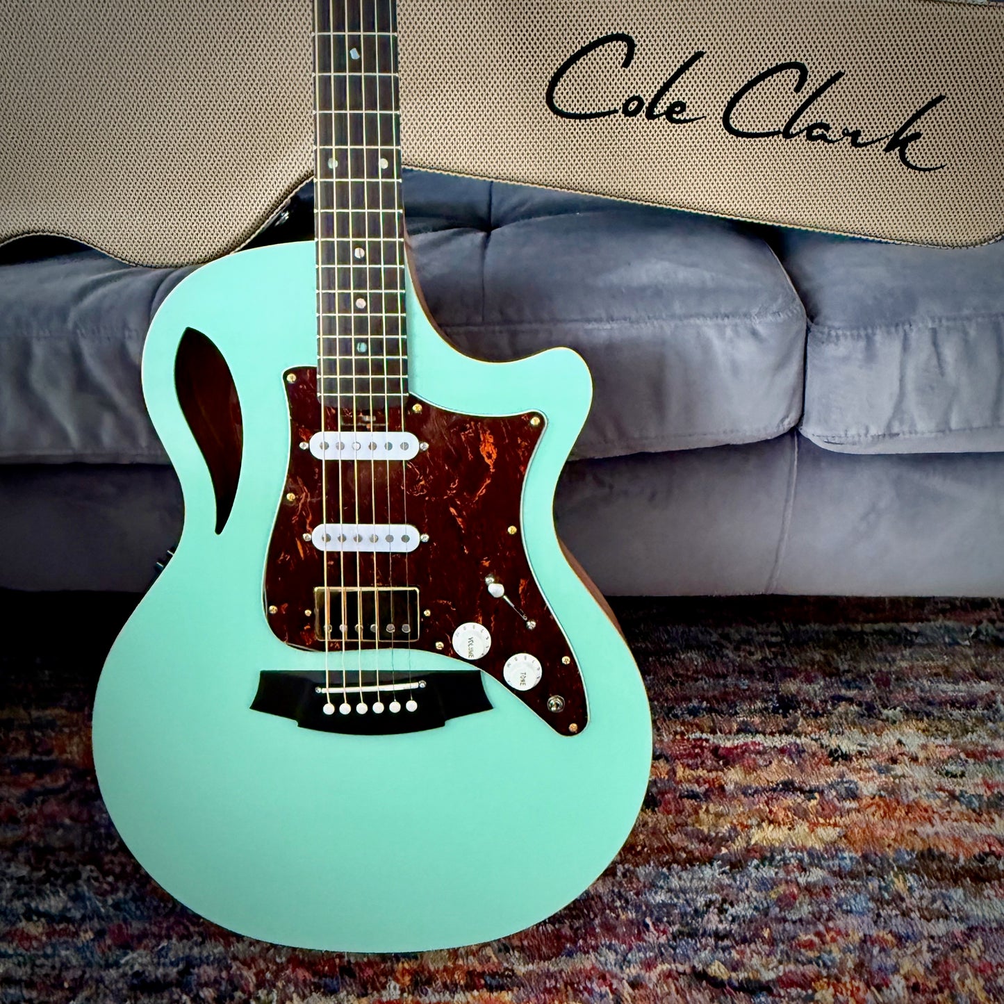 Cole Clark True Hybrid Thinline Acoustic/Electric Guitar, HSS, Blackwood/Ebony, Surf Green (CCTL2EC-BLBLE-HSS-GRN)