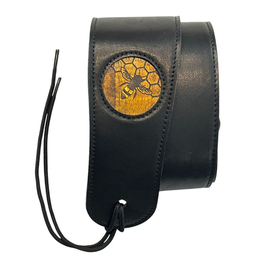 Thalia Handcrafted Italian Leather Strap, Black, with Hawaiian Koa Wood Medallion w "Pearl Bee" Design