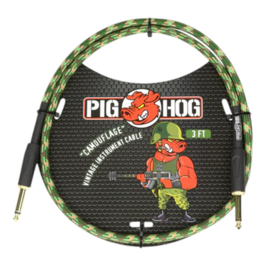 Pig Hog Vintage Woven Patch Cable PCH3CF 3-Foot 7mm 1/4 Straight Connectors, Camouflage