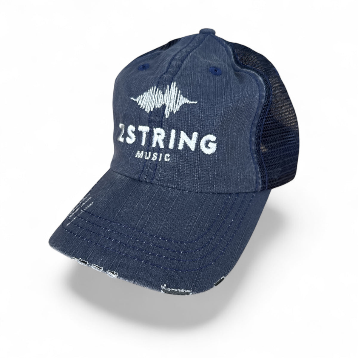 Z String Distressed Trucker Hat, Navy/Navy