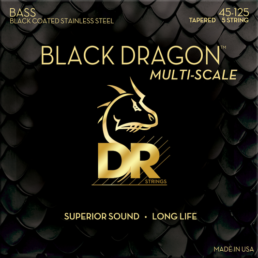 DR Strings DBSMB5-45 Black Dragon Coated Stainless Steel Bass Strings 5-String Set Multi-Scale Medium 45-125, Black