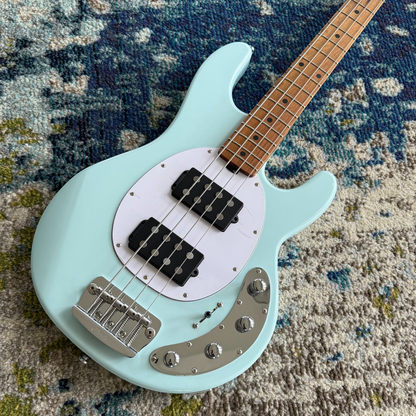 Sterling by Music Man StingRay Ray34 HH 4-String Bass, Daphne Blue, Roasted Maple Neck